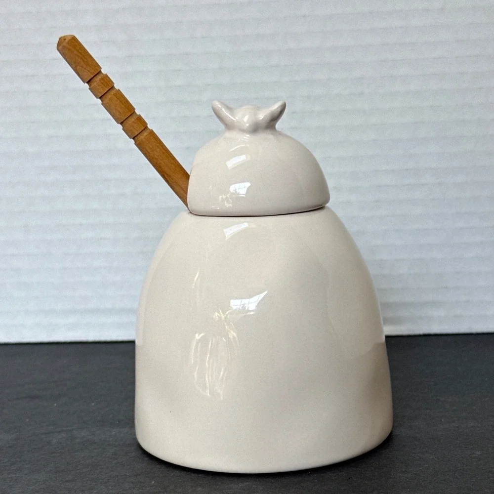 Rae Dunn Honey Pot Ceramic Jar with Lid and Wooden Dipper Bee Finial White
